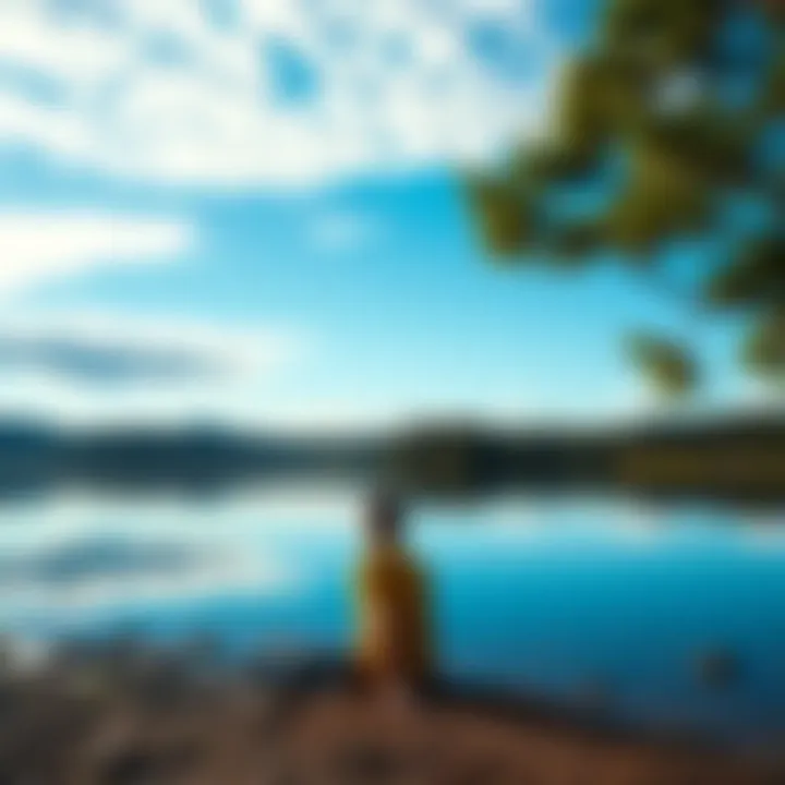 A person sitting on the shore of a calm lake, looking thoughtful, surrounded by nature, representing contemplation on life's meaning.
