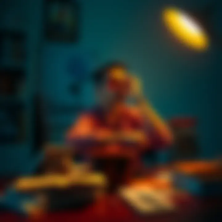 A person sitting at a desk, looking contemplative with books and a notebook scattered around, symbolizing self-reflection in learning.