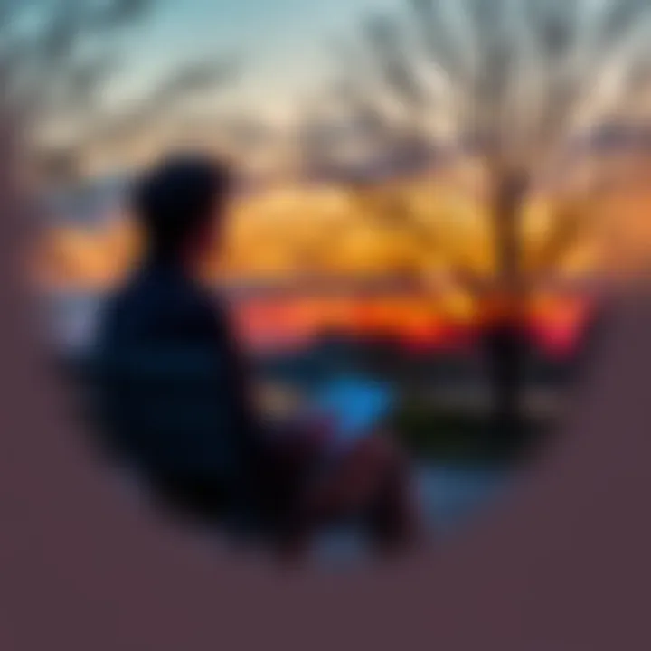 A person sits alone on a park bench at dusk, looking thoughtful with a notebook in hand. They seem deep in reflection about their life and choices.