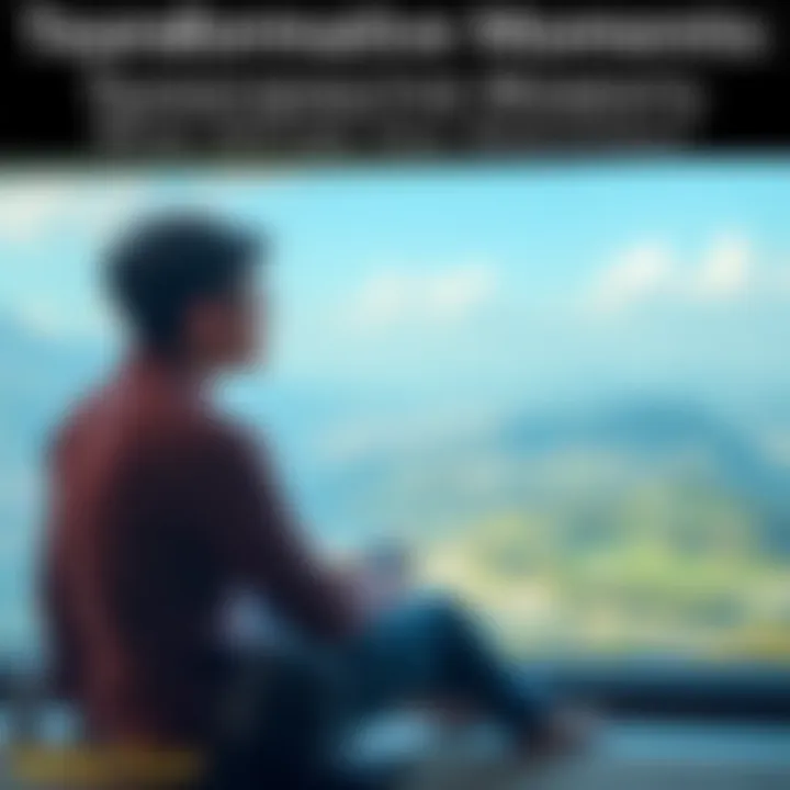 A person sitting quietly, looking thoughtful while gazing out at a scenic view, symbolizing moments of personal insight and transformation