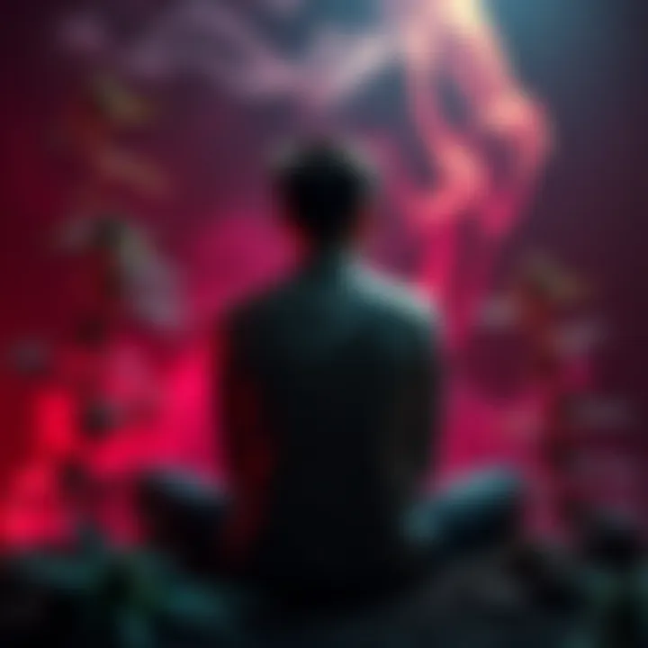 A person sitting alone with a contemplative expression, surrounded by plants and smoke, symbolizing the struggle with marijuana use and personal growth.