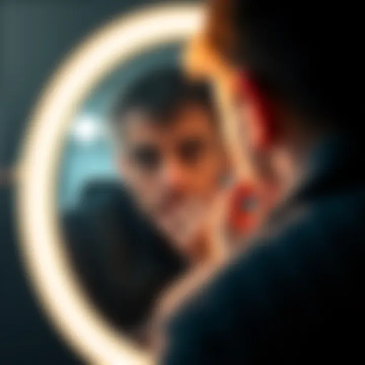 Person Reflecting in a Mirror A person looking into a mirror with a thoughtful expression, symbolizing self-reflection and the fear of being seen as they truly are.