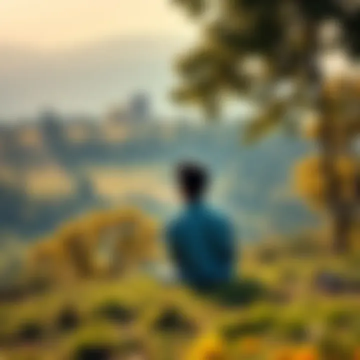 A person sitting peacefully on a grassy hill, contemplating life with a serene expression, surrounded by trees and flowers.