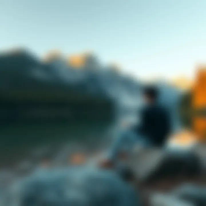 A person sitting on a rock by a serene lake, contemplating life surrounded by trees and mountains.