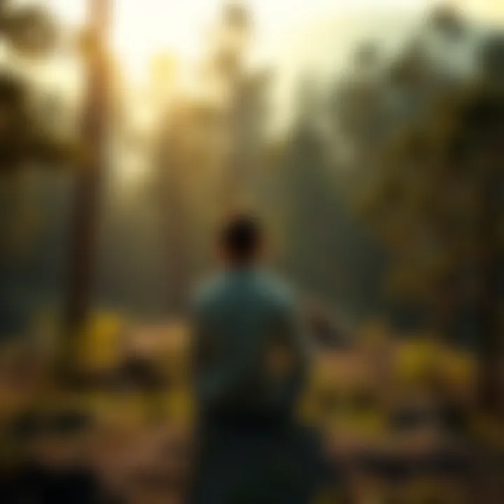 A person sitting alone in nature, deep in thought, surrounded by trees and soft sunlight, symbolizing a personal journey of growth and understanding