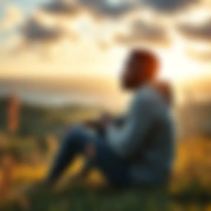A person sitting peacefully in nature, looking thoughtful, symbolizing freedom from struggles.