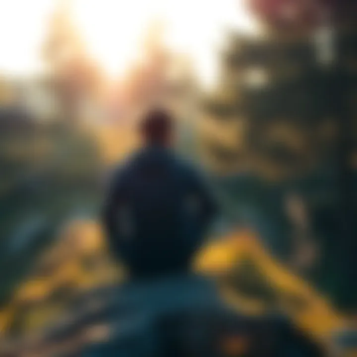 A person sitting on a rock, looking thoughtful in a serene natural setting, surrounded by trees and gentle sunlight, symbolizing reflection and coping during tough times.