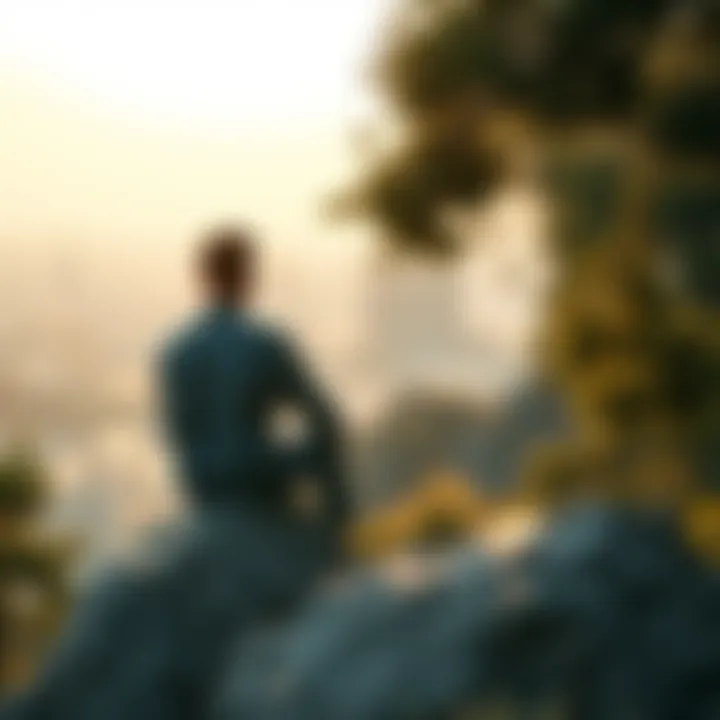 An individual sitting on a rock in a serene setting, looking contemplative. The scene conveys a sense of introspection and connection to nature.