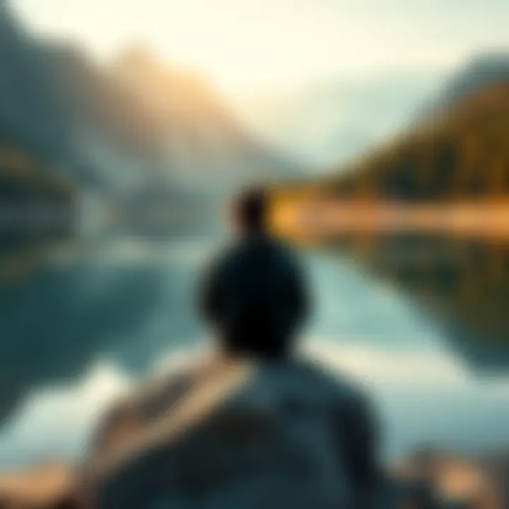 A person sitting on a rock by a calm lake, deep in thought, surrounded by trees and mountains, representing inner peace and self-reflection.