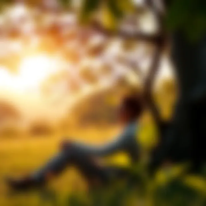A 35-year-old person sitting under a tree, lost in thought, surrounded by nature.