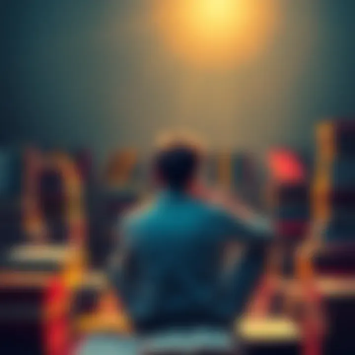 A person sitting alone, deep in thought, surrounded by books, symbolizing reflection on ignorance and personal responsibility.