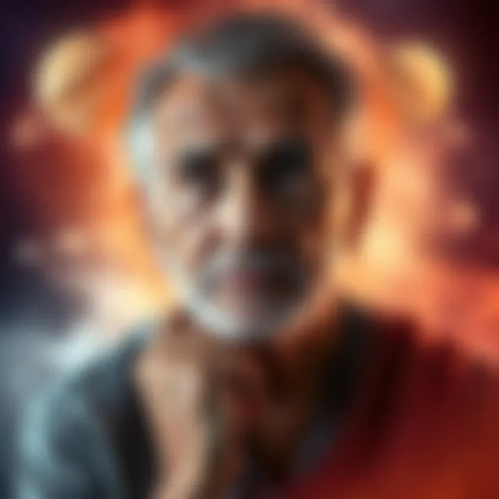 Person Reflecting on Aging Individual with a thoughtful expression, contemplating their aging and beauty, surrounded by astrological symbols related to Saturn.