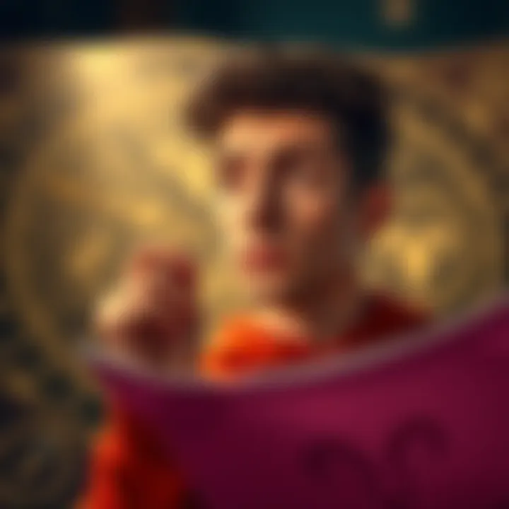 A person looking thoughtful while gazing at astrological charts, showcasing signs and symbols, with an expression of curiosity about their Aries rising sign.