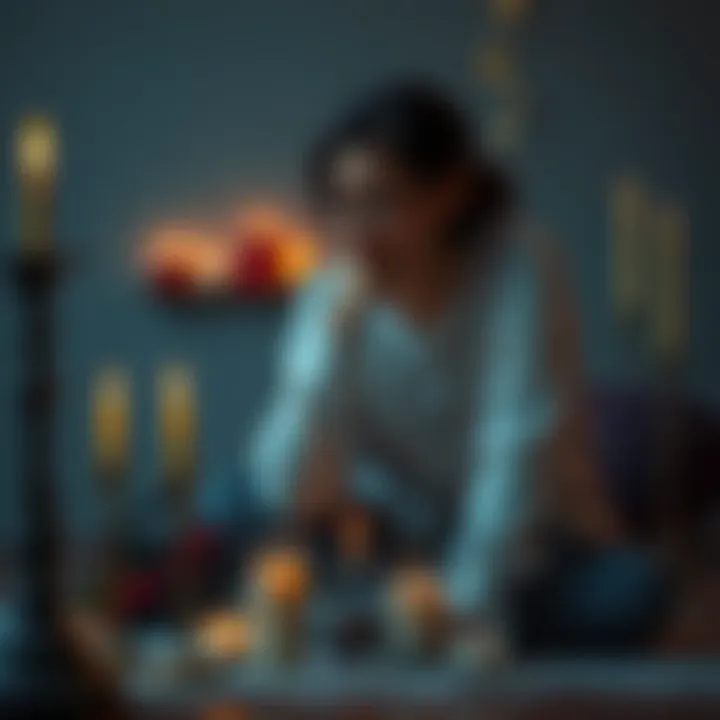 A person sitting alone with a thoughtful expression, surrounded by candles and spell items, symbolizing reflection after a breakup