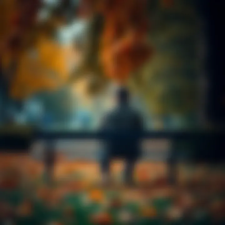 Person reflecting on change A person sitting alone on a park bench, looking contemplative as leaves fall around them, symbolizing change and loss.