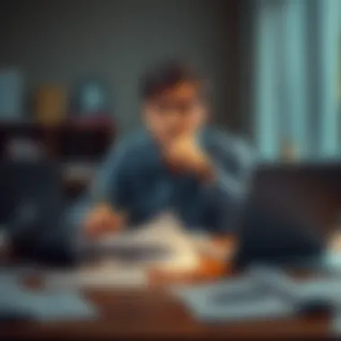 Individual sitting at a desk, looking thoughtful and stressed, with papers and a laptop in front, symbolizing procrastination and fear of responsibility.