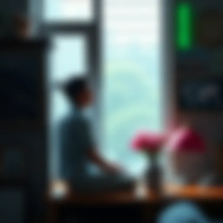 A person sitting by a window, looking thoughtful while surrounded by reminders of their past home and new environment.