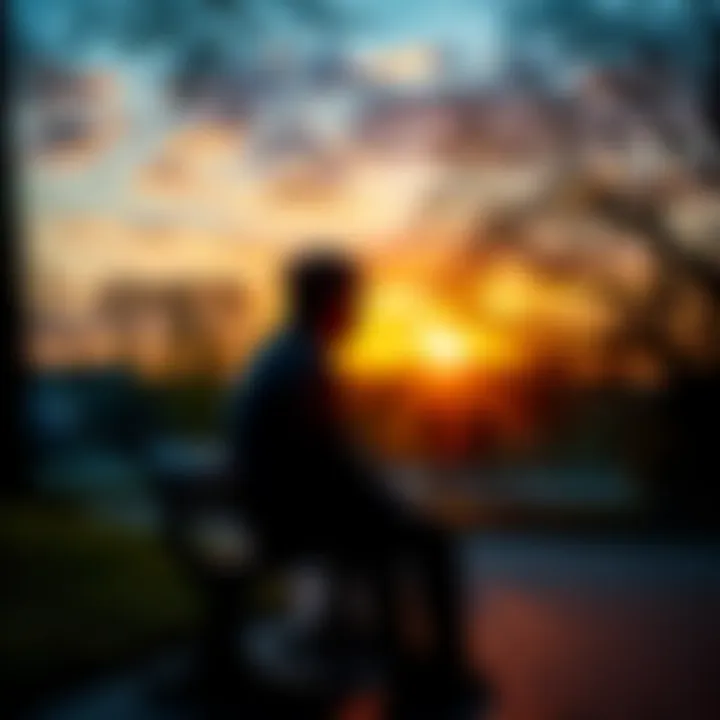 A person sitting alone on a park bench, looking contemplatively at the scenery, symbolizing self-reflection during life changes.