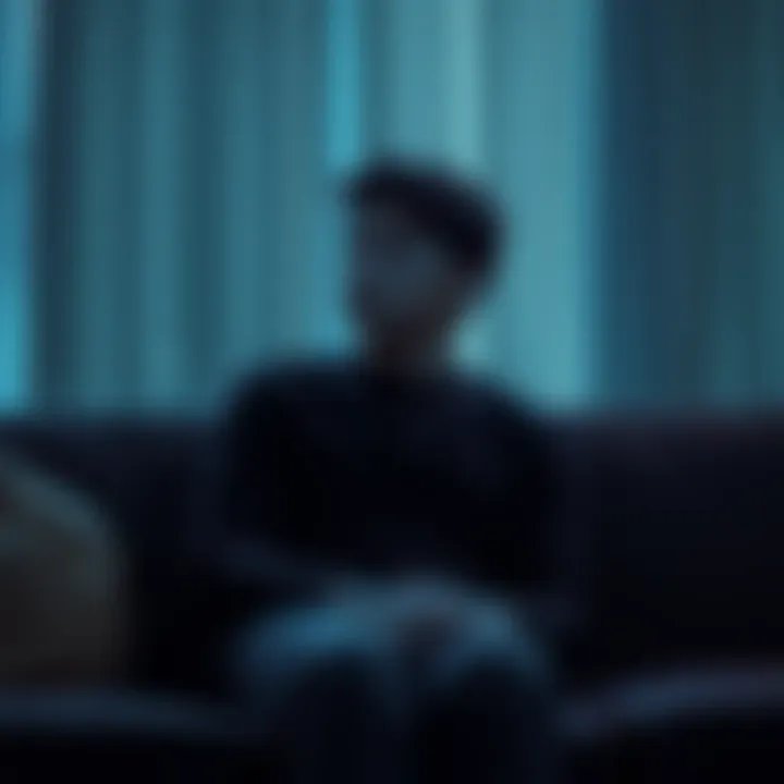 Person reflecting on childhood A contemplative individual sits on a couch, looking pensive, symbolizing the emotional impact of childhood experiences with Saturn in the 4th house.