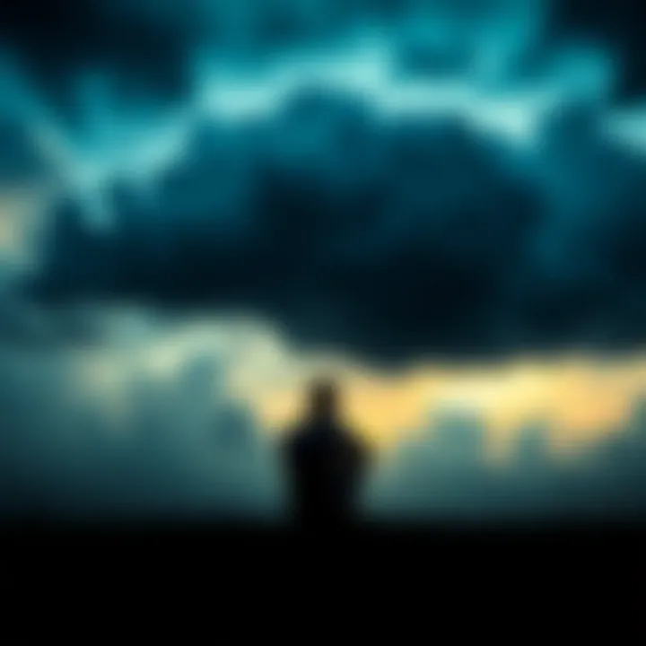 Person Reflecting on Coincidences A person sits alone, deep in thought, surrounded by dark clouds symbolizing unsettling coincidences and experiences. They appear contemplative, hinting at past events that led to shocking outcomes.