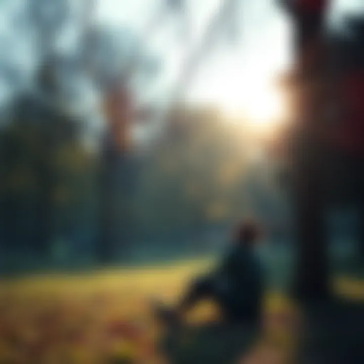 Person reflecting on connections A person sitting quietly in a park, contemplating life, with trees and sunlight around them, symbolizing the connection between synchronicity and mental health.