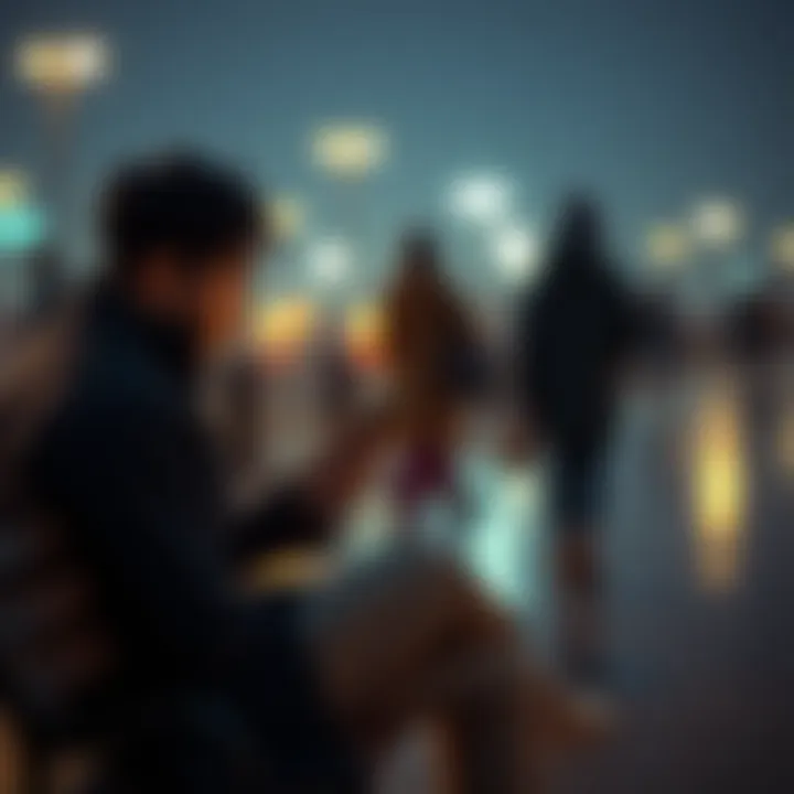Individual sitting on a bench, looking thoughtful while gazing at a phone, surrounded by blurred figures symbolizing past crushes