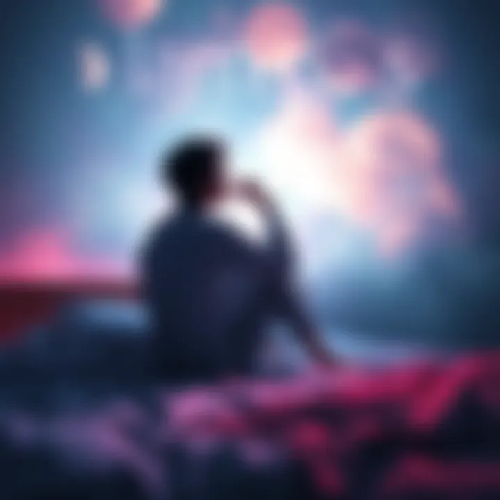 A person sitting on a bed, looking thoughtful, surrounded by dream-like images, with a soft glowing light.
