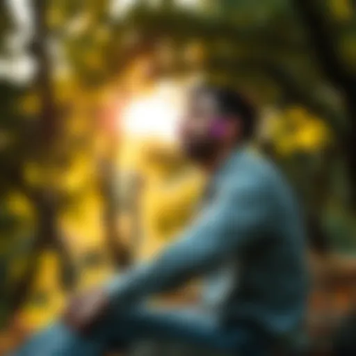 A person sitting in nature, contemplating their ego and personal growth, showing a peaceful expression while surrounded by trees and sunlight.