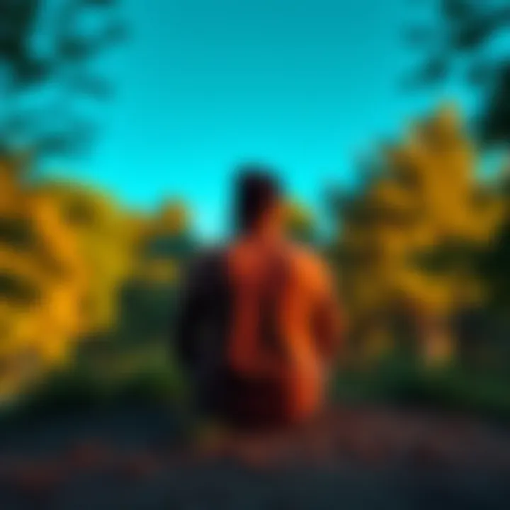 Individual sitting quietly, contemplating conflicting emotions of doubt and abundance, surrounded by nature