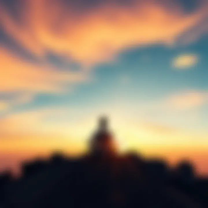 A person sitting cross-legged on a mountaintop, looking at the sunrise, symbolizing personal reflections on enlightenment.