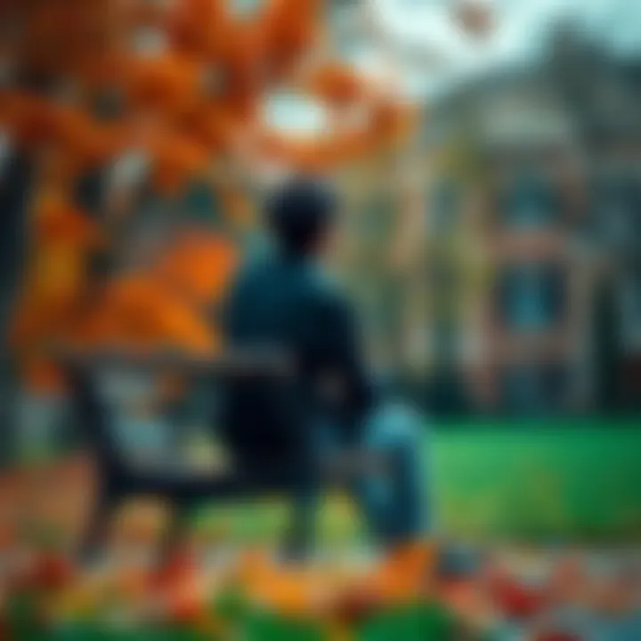 A person sitting on a park bench, looking thoughtful while surrounded by autumn leaves, symbolizing self-awareness and personal growth through challenges.