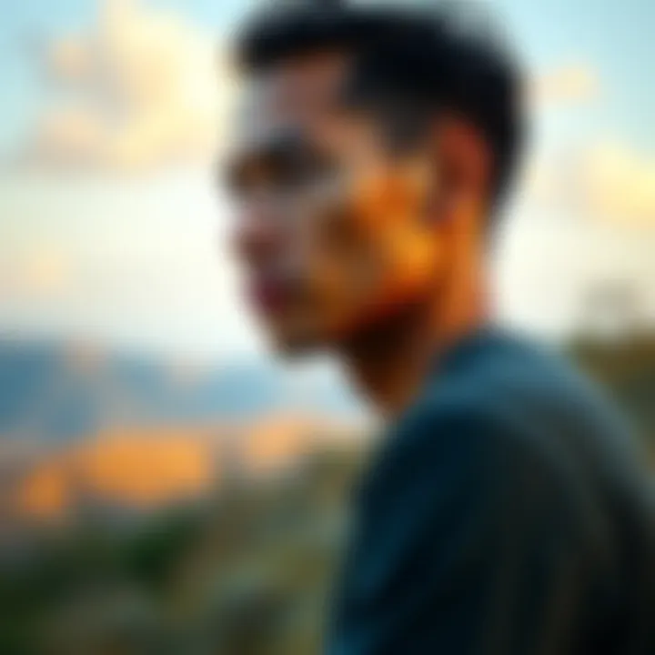 A thoughtful individual gazing at nature, contemplating faith and identity, with a serene expression.