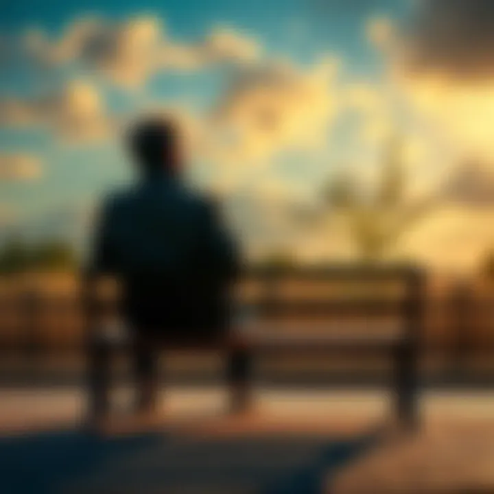 A person sits alone on a park bench, looking contemplatively at the sky, symbolizing the struggle with belief and doubt.