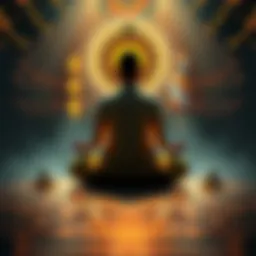 A person sitting cross-legged in meditation, surrounded by symbols of Hinduism and Buddhism, showing their inner contemplation and journey between two faiths.