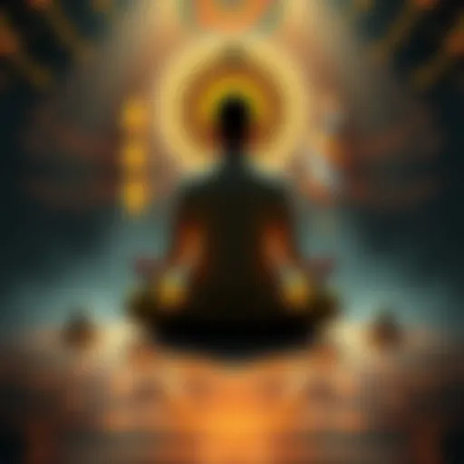 A person sitting cross-legged in meditation, surrounded by symbols of Hinduism and Buddhism, showing their inner contemplation and journey between two faiths.