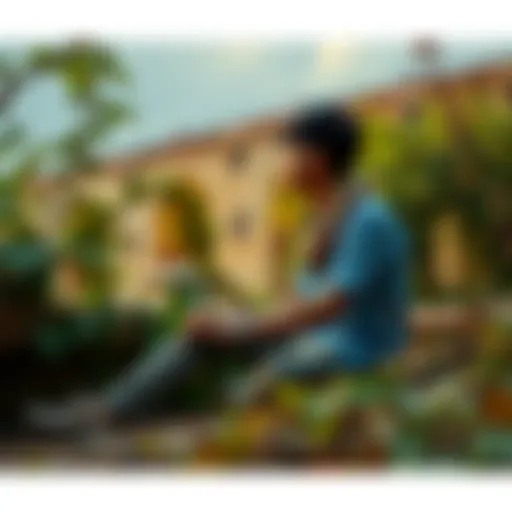 A person sitting quietly in nature, contemplating their connection to Dionysos, surrounded by vines and greenery.