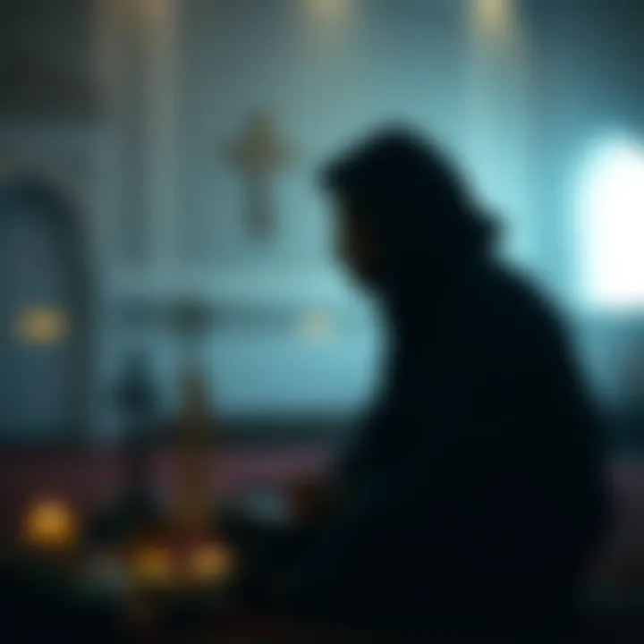 Individual sitting alone, looking contemplative with religious symbols around, representing struggles with faith and personal challenges.