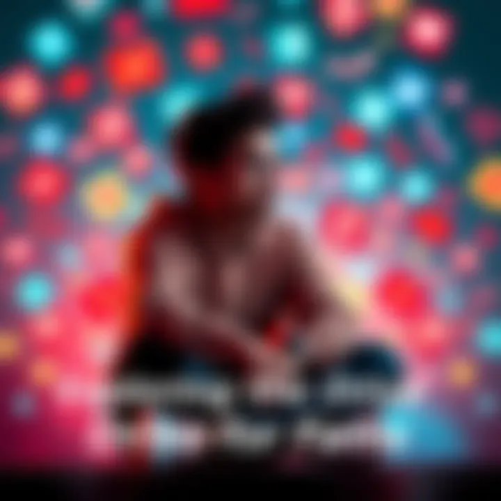 Individual sitting in a thoughtful pose, surrounded by social media icons, symbolizing the search for fame and recognition.