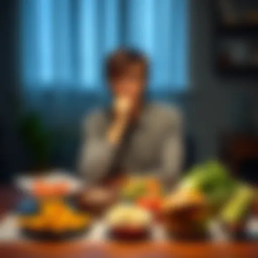 A person sitting at a table with various food items, looking thoughtful and emotional about their eating habits.