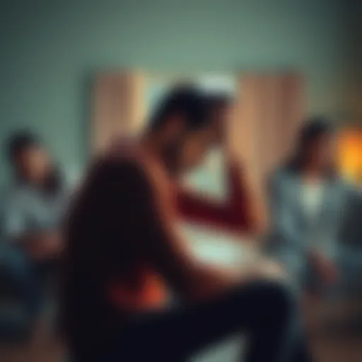 A person sitting alone, looking stressed while holding their head in a family setting, symbolizing the impact of slander and rumors on mental health.