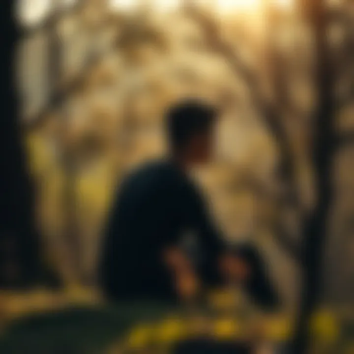 A person sitting quietly in nature, looking thoughtful and peaceful while surrounded by trees and soft sunlight, symbolizing strength and hope in the face of grief.