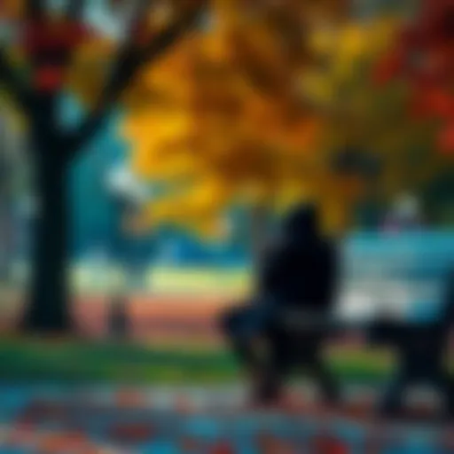 A person sitting alone on a park bench, looking contemplative and sad after a breakup, with autumn leaves falling around them.