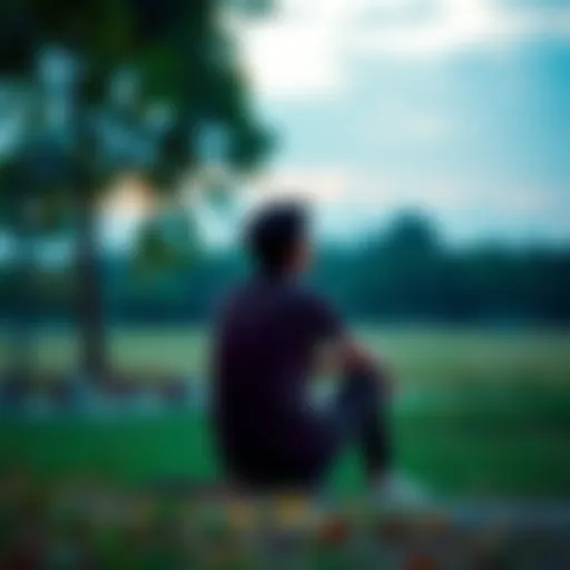 Individual sitting alone in a serene park, looking contemplative as they reflect on their past heartbreak, surrounded by nature