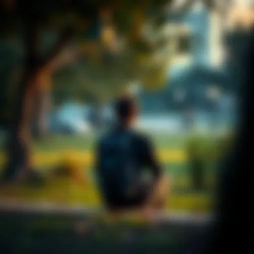 A person sitting quietly in a park, lost in thought about their identity, surrounded by nature and looking contemplative.