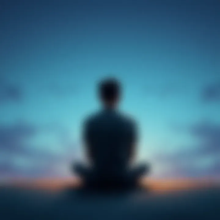 A person sitting alone in a serene environment, pondering their sense of self and the concept of non-duality, with a calm expression.