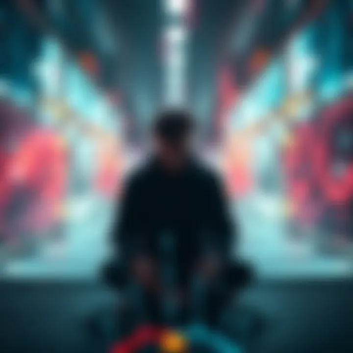 Individual sitting alone, looking pensive, surrounded by abstract digital elements symbolizing a simulation, conveying feelings of introspection and confusion.