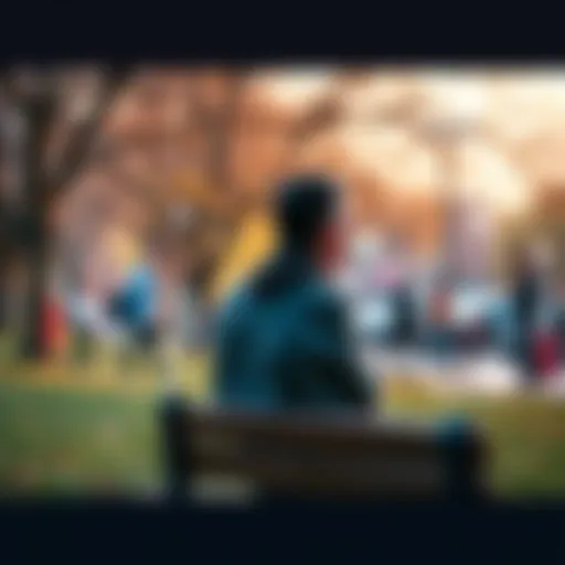 A person sitting on a park bench, looking thoughtful while observing people around them, symbolizing self-reflection and balance in life.