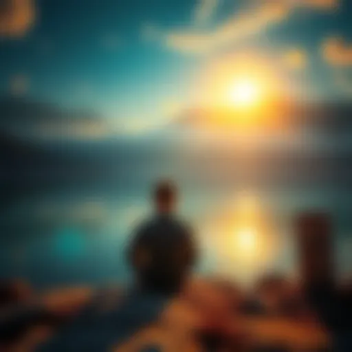 A person sits by a serene lake, contemplating existence and the divine connection to a higher power.
