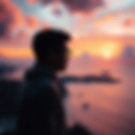A thoughtful person gazing out at a sunset, symbolizing contemplation of success and struggles in life.