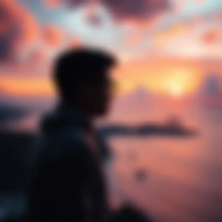 A thoughtful person gazing out at a sunset, symbolizing contemplation of success and struggles in life.